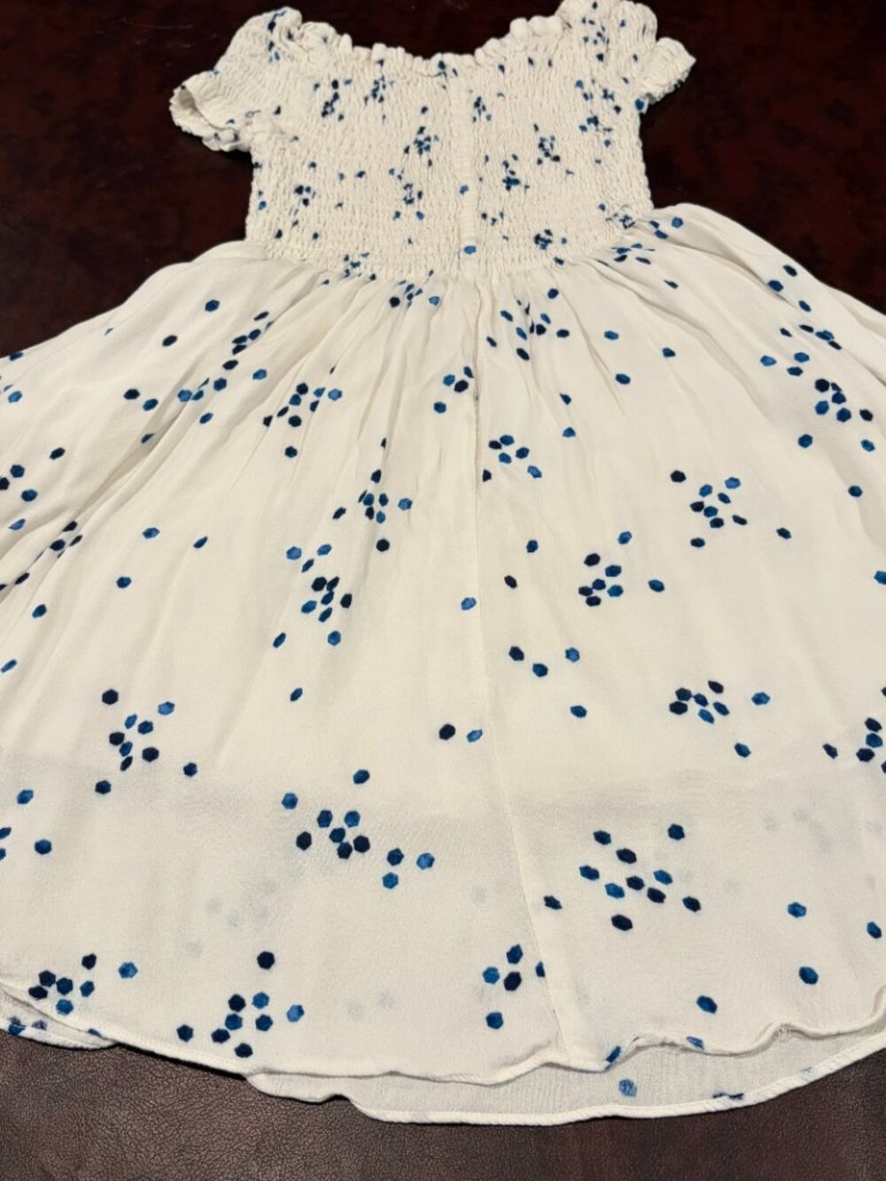 Lulus off the shoulder white smocked dress with blue dots design, XS - Picture 7 of 8